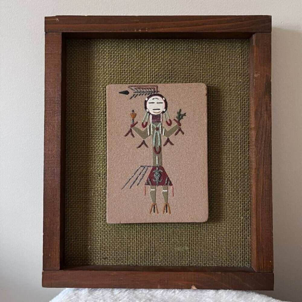 Vintage Sand Art Painting Native American Indian